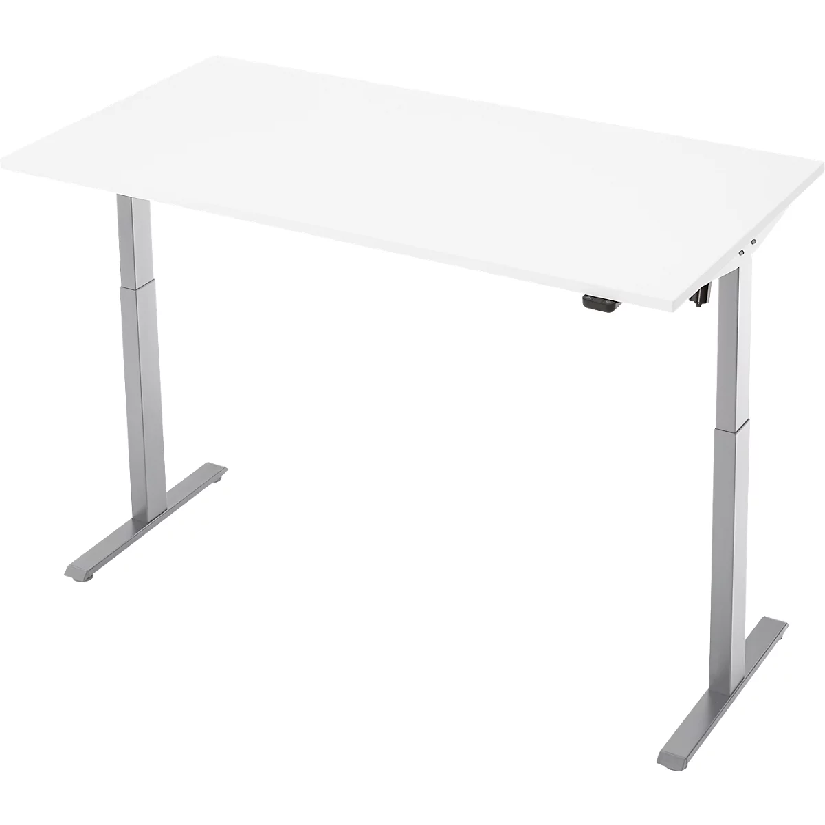 Wit, in hoogte verstelbaar bureau met zilveren poten, tegen een witte achtergrond.