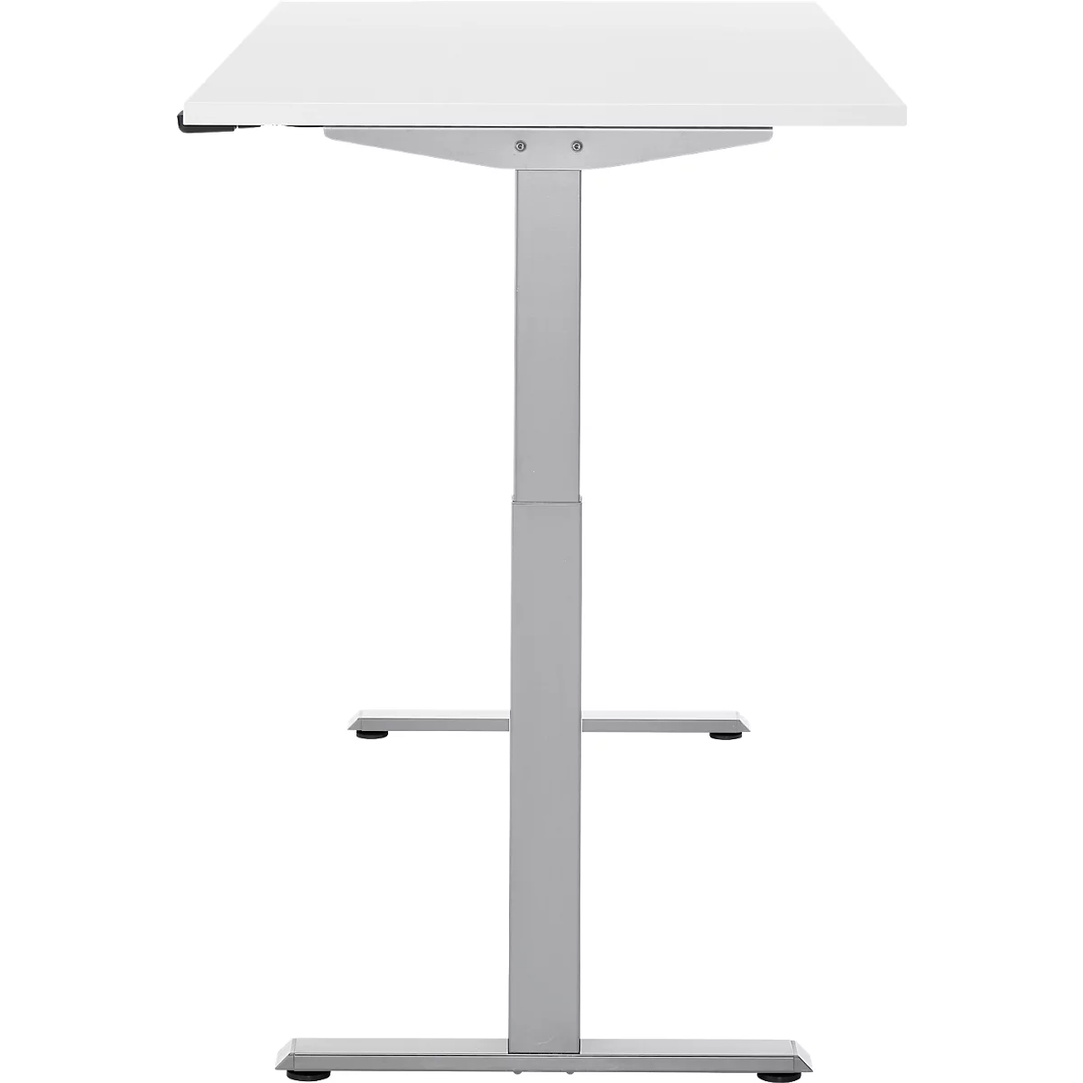 Een witte statafel met een zilveren frame, geïsoleerd op een witte achtergrond.