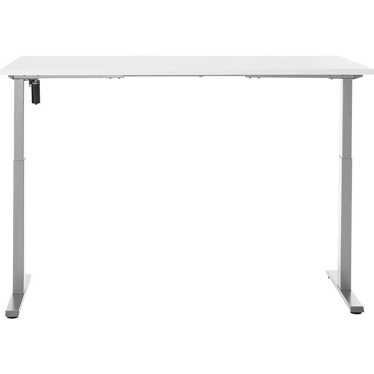 Een witte, in hoogte verstelbare bureau met zilveren poten en bediening.