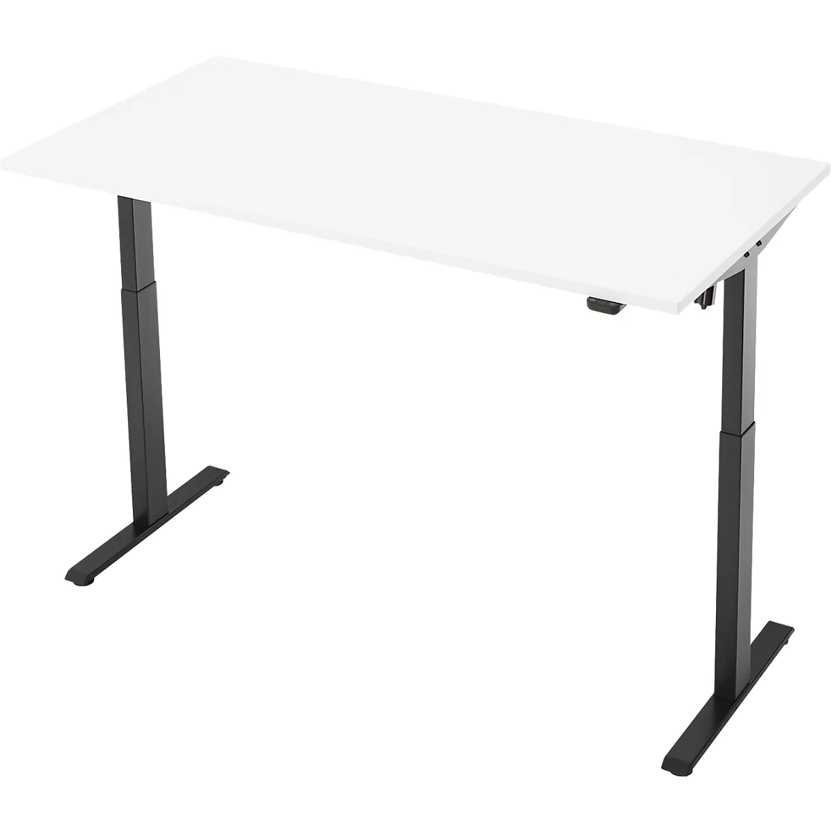 Witte in hoogte verstelbare bureau met zwarte poten en een rechthoekig tafelblad.