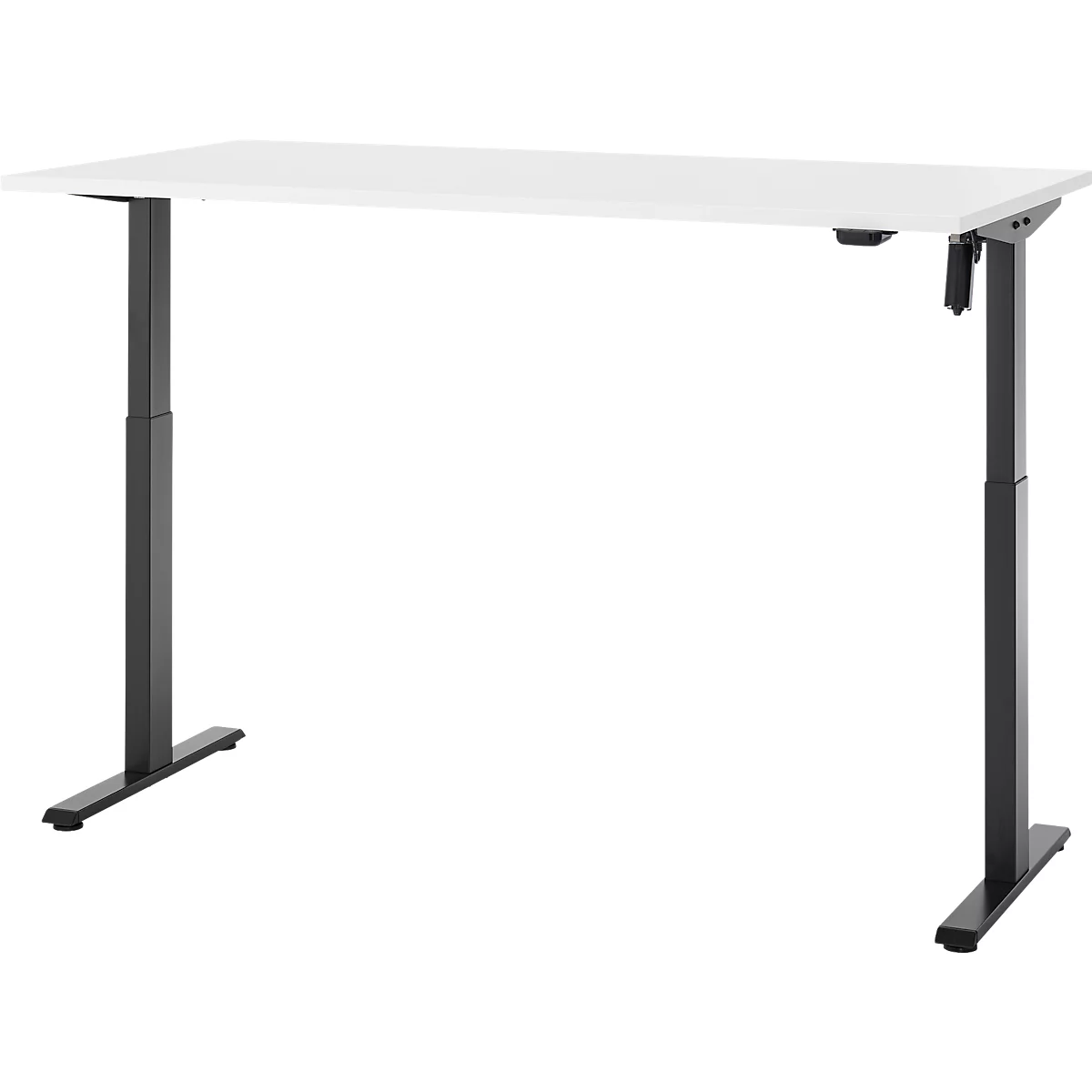 Een witte, in hoogte verstelbare bureau met zwarte poten. Aan de rechterkant bevindt zich een bedieningspaneel om de hoogte aan te passen.