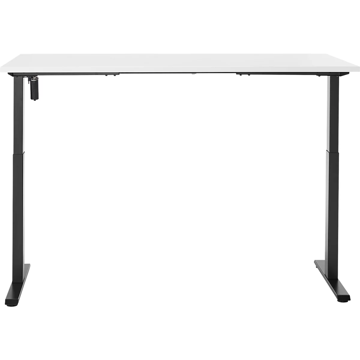 Een in hoogte verstelbaar bureau met een wit tafelblad en zwarte poten. De poten zijn rechthoekig aan de onderkant en slank aan de bovenkant.