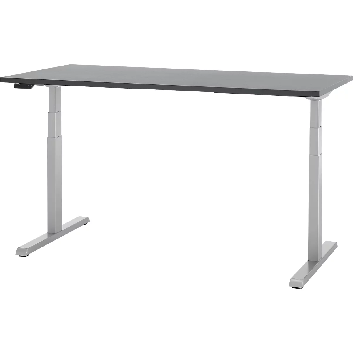 Grijs, in hoogte verstelbaar bureau tegen een witte achtergrond. Twee poten, een grijs tafelblad.