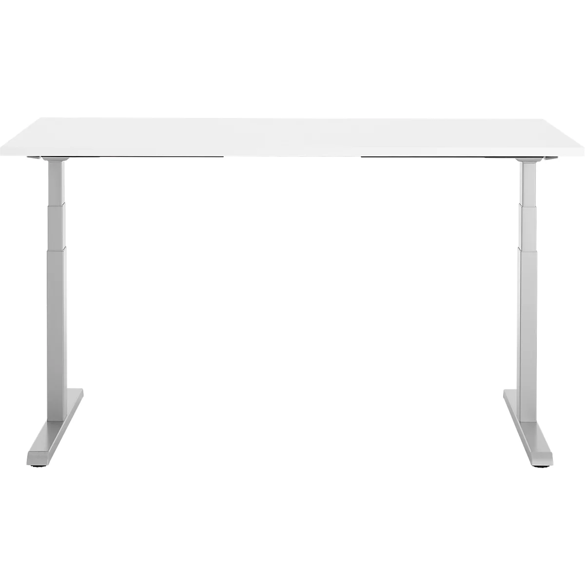 Witte, in hoogte verstelbare bureau met twee grijze poten en een rechthoekig tafelblad.
