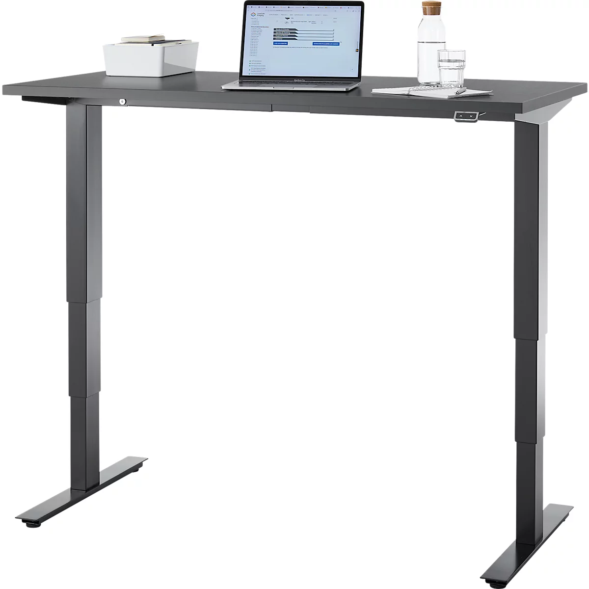 Bureau, elektrisch in hoogte verstelbaar, T-poot zonder dwarsbalk, B 1300 x D 650 x H 605-1265 mm, grafiet/zwart