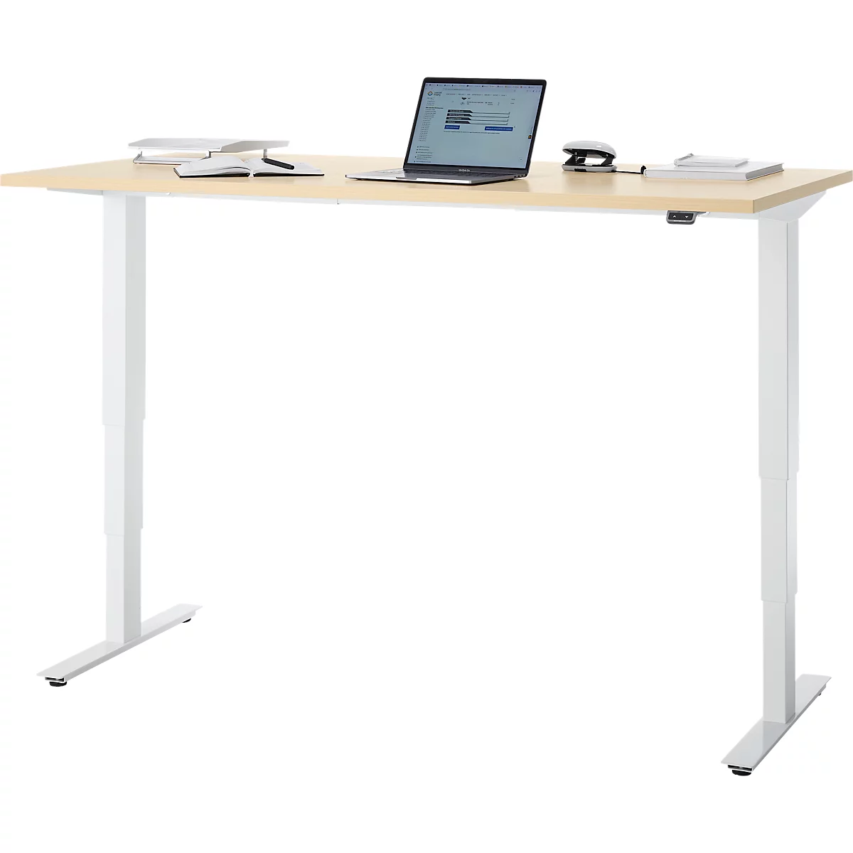 Bureau, elektrisch in hoogte verstelbaar, T-poot zonder dwarsbalk, B 1600 x D 800 x H 605-1265 mm, ahorn/wit