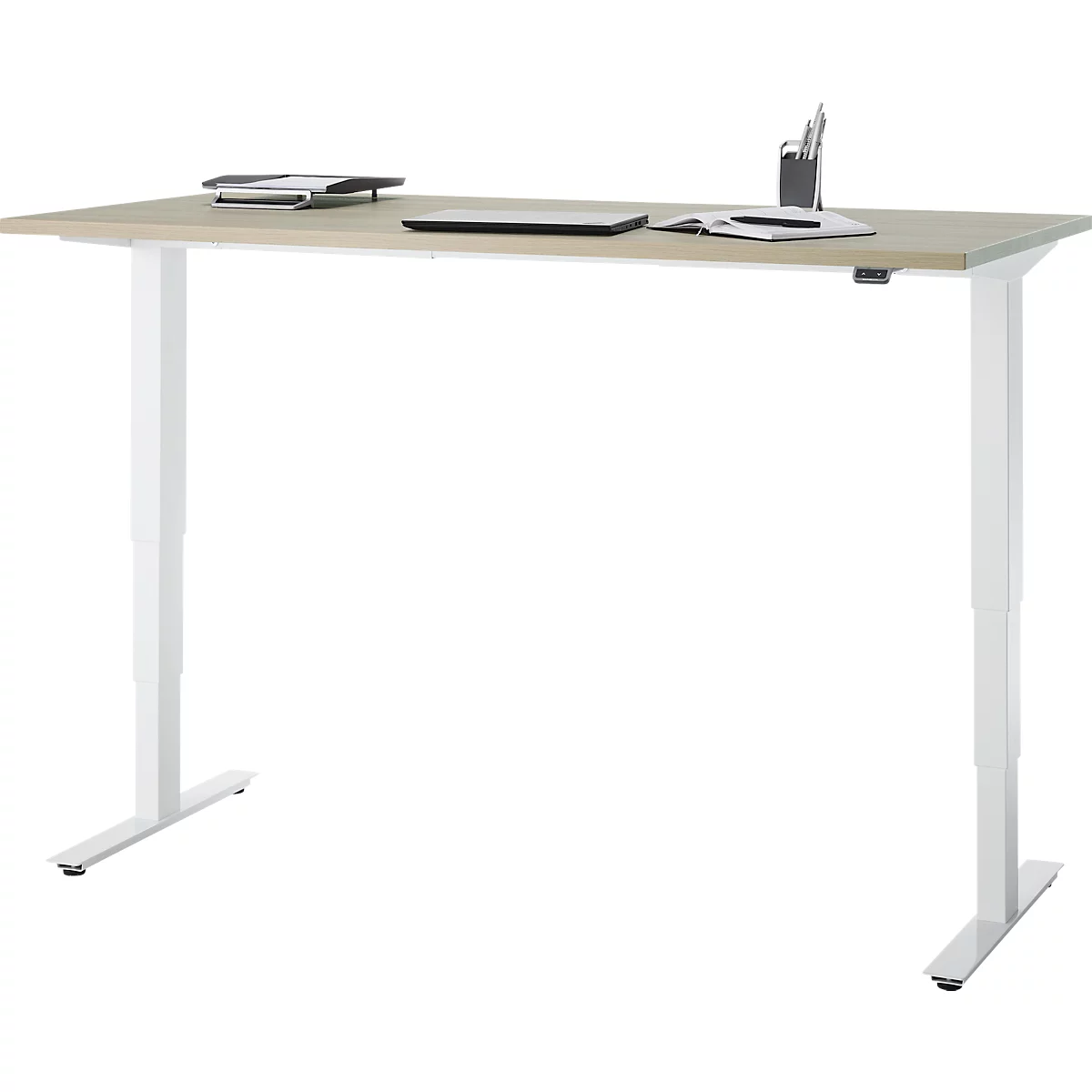 Bureau, elektrisch in hoogte verstelbaar, T-poot zonder dwarsbalk, B 1600 x D 800 x H 605-1265 mm, eiken/wit