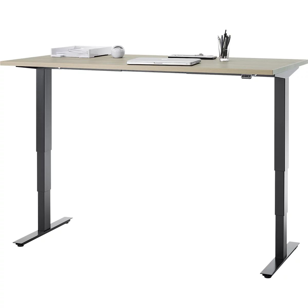 Bureau, elektrisch in hoogte verstelbaar, T-poot zonder dwarsbalk, B 1600 x D 800 x H 605-1265 mm, eiken/zwart