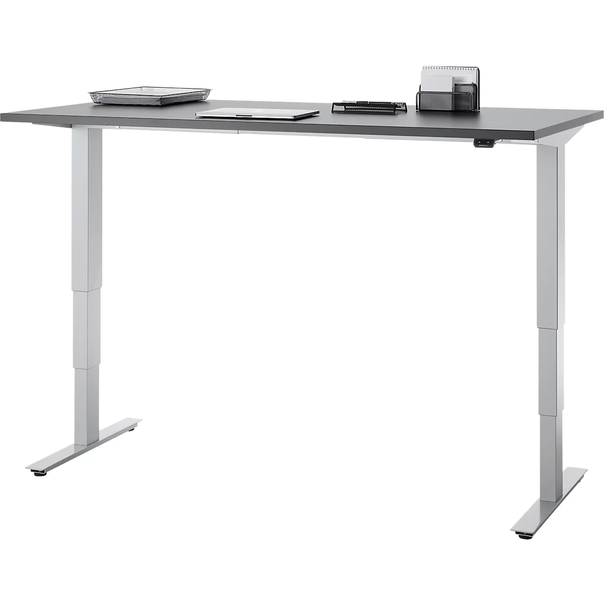 Bureau, elektrisch in hoogte verstelbaar, T-poot zonder dwarsbalk, B 1600 x D 800 x H 605-1265 mm, grafiet/zilver