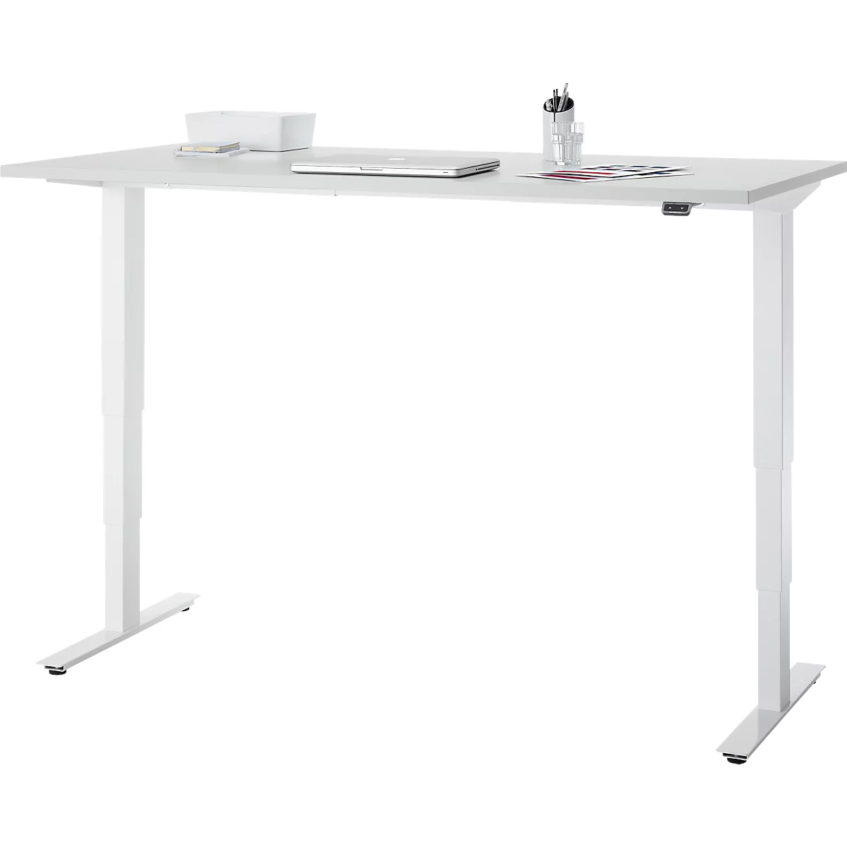 Bureau, elektrisch in hoogte verstelbaar, T-poot zonder dwarsbalk, B 1600 x D 800 x H 605-1265 mm, lichtgrijs/wit