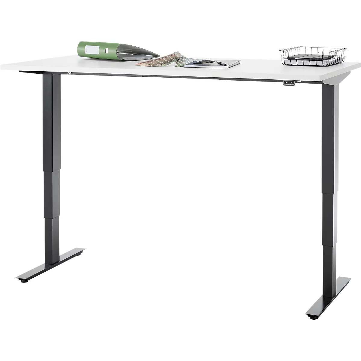 Bureau, elektrisch in hoogte verstelbaar, T-poot zonder dwarsbalk, B 1600 x D 800 x H 605-1265 mm, wit/zwart