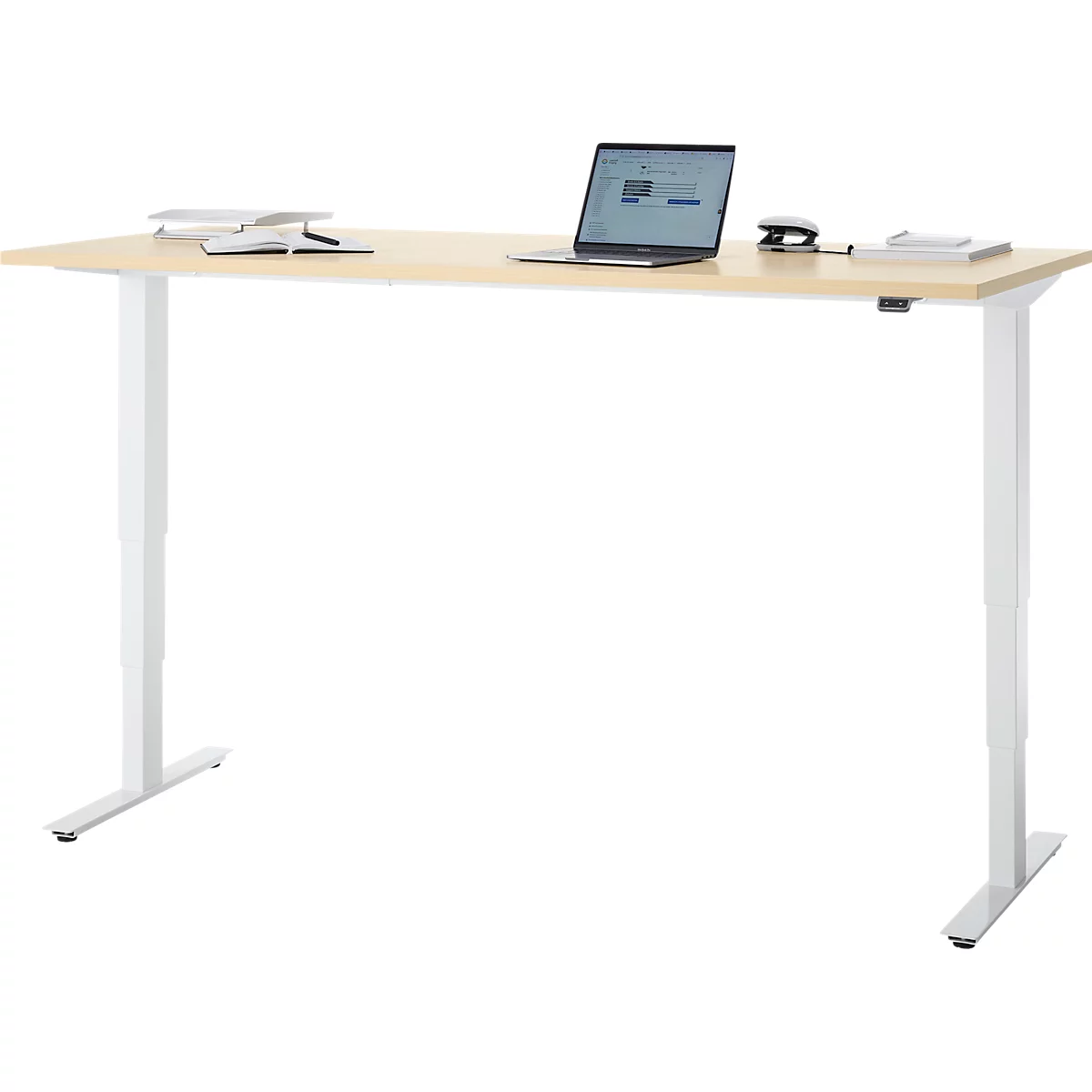 Bureau, elektrisch in hoogte verstelbaar, T-poot zonder dwarsbalk, B 1800 x D 800 x H 605-1265 mm, ahorn/wit