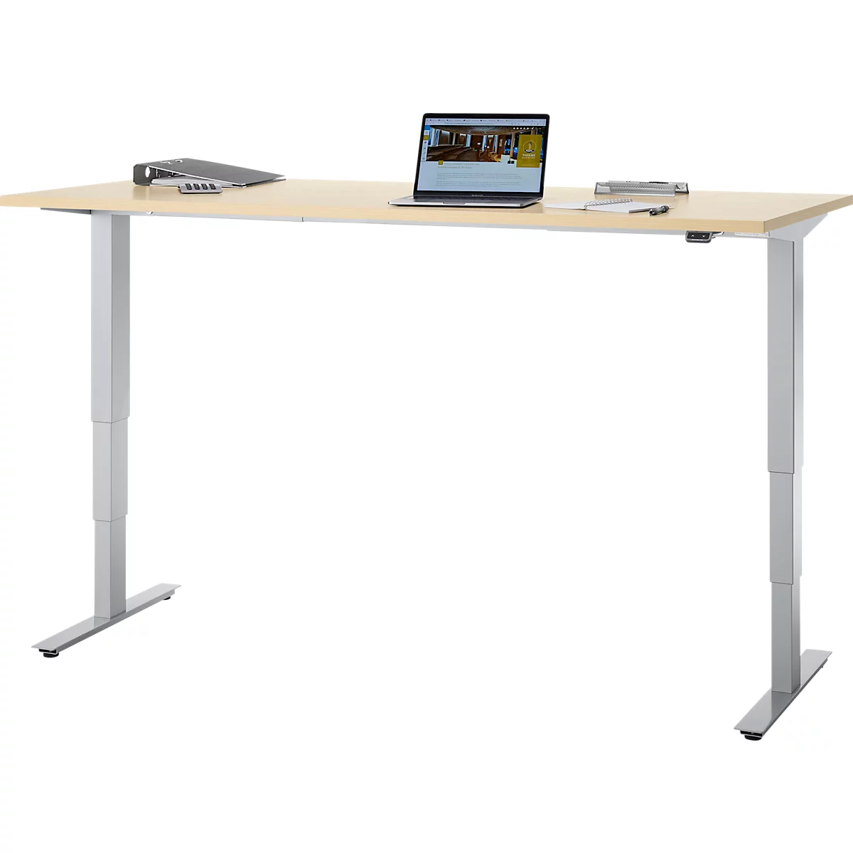 Bureau, elektrisch in hoogte verstelbaar, T-poot zonder dwarsbalk, B 1800 x D 800 x H 605-1265 mm, ahorn/zilver
