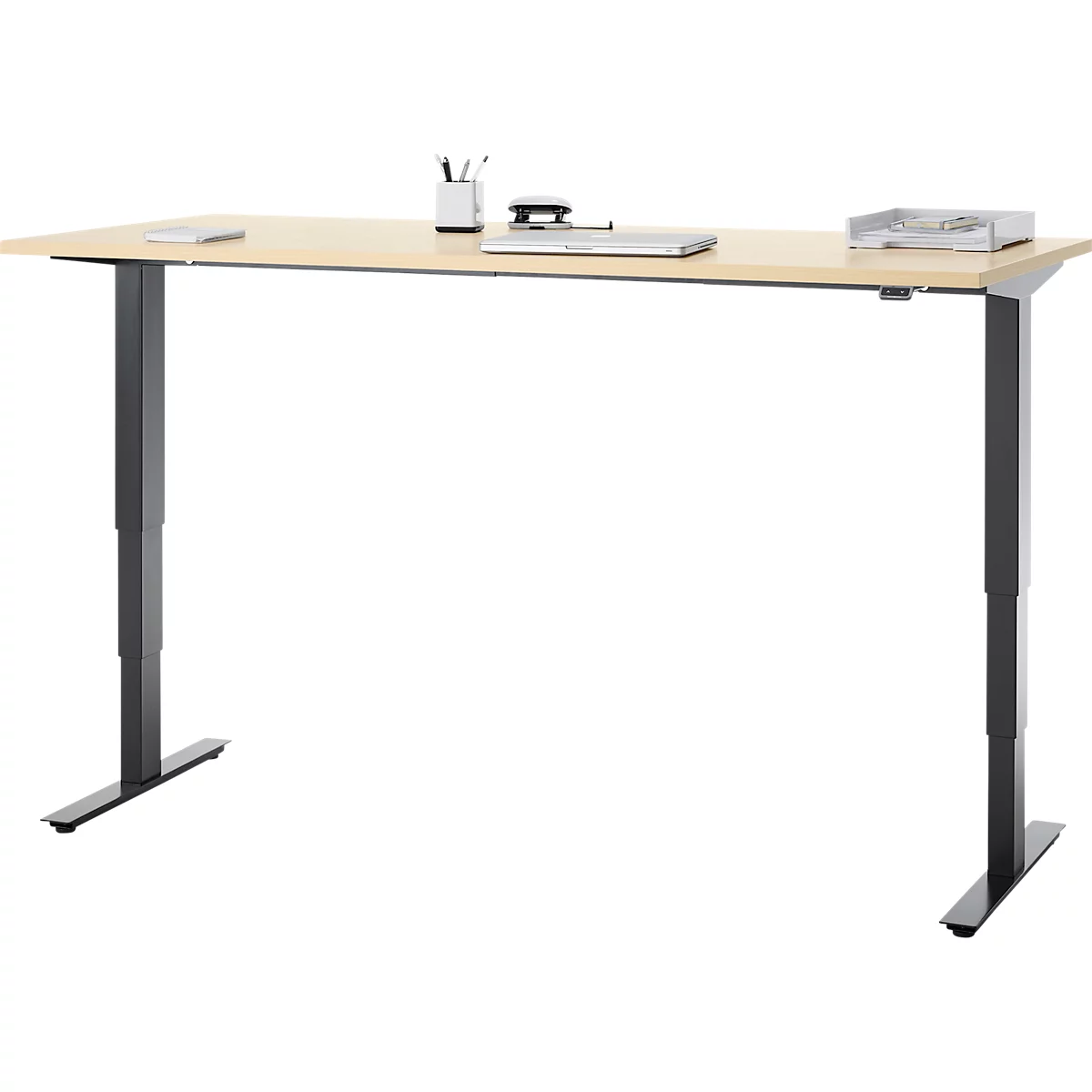 Bureau, elektrisch in hoogte verstelbaar, T-poot zonder dwarsbalk, B 1800 x D 800 x H 605-1265 mm, ahorn/zwart