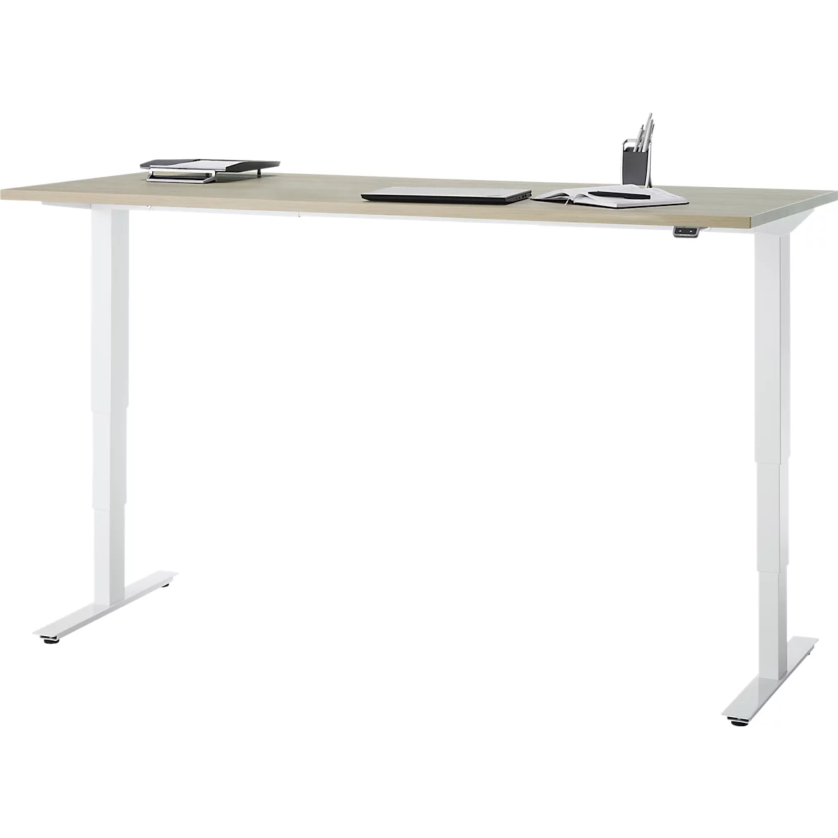 Bureau, elektrisch in hoogte verstelbaar, T-poot zonder dwarsbalk, B 1800 x D 800 x H 605-1265 mm, eiken/wit