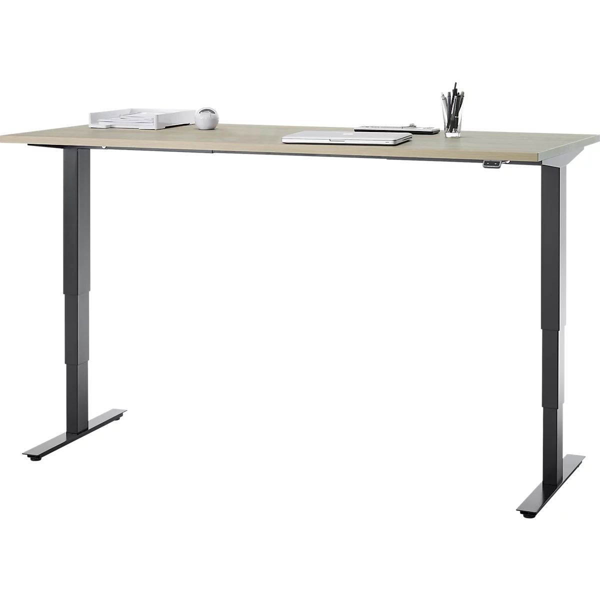 Bureau, elektrisch in hoogte verstelbaar, T-poot zonder dwarsbalk, B 1800 x D 800 x H 605-1265 mm, eiken/zwart