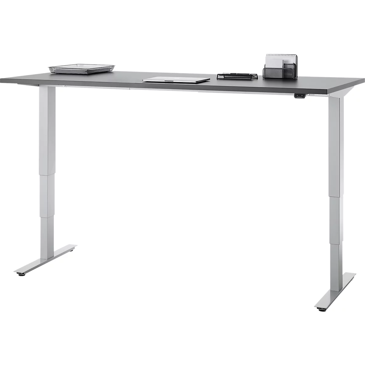 Bureau, elektrisch in hoogte verstelbaar, T-poot zonder dwarsbalk, B 1800 x D 800 x H 605-1265 mm, grafiet/zilver