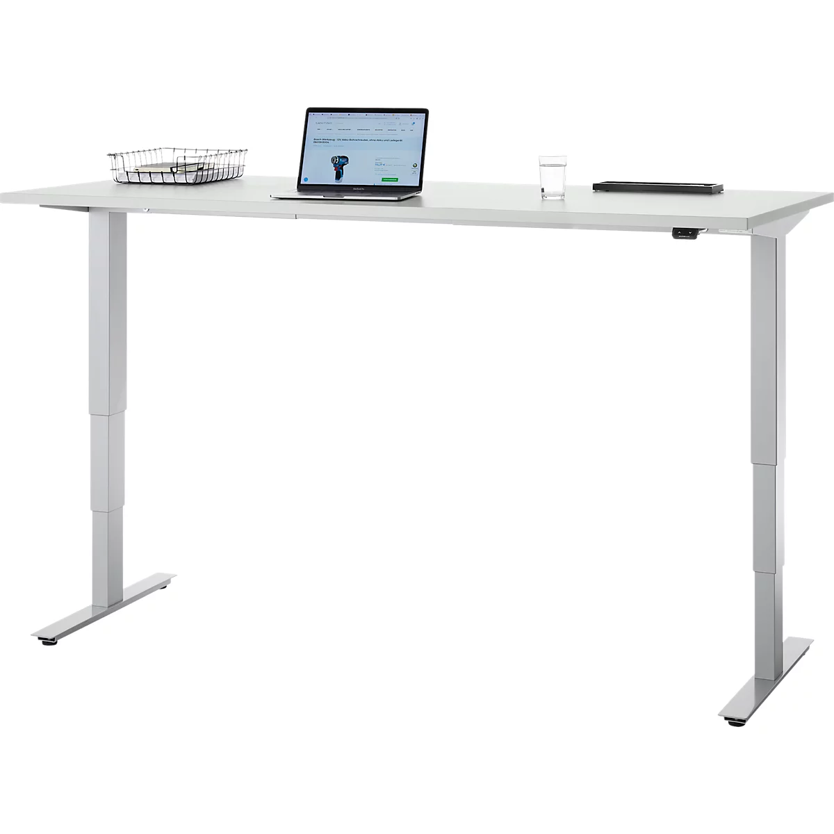 Bureau, elektrisch in hoogte verstelbaar, T-poot zonder dwarsbalk, B 1800 x D 800 x H 605-1265 mm, lichtgrijs/zilver