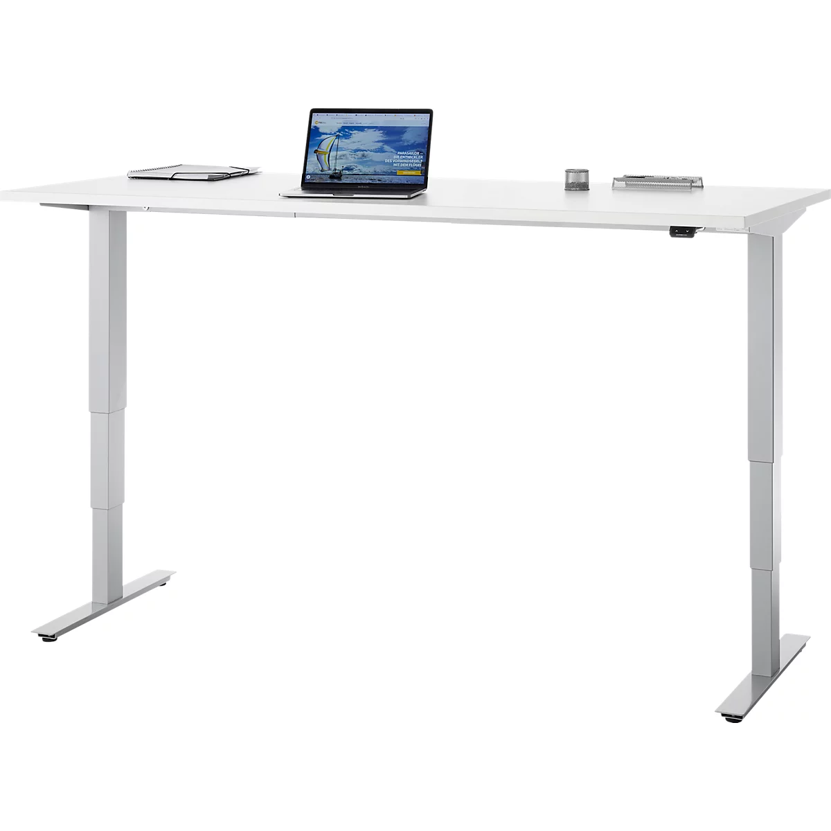 Bureau, elektrisch in hoogte verstelbaar, T-poot zonder dwarsbalk, B 1800 x D 800 x H 605-1265 mm, wit/zilver