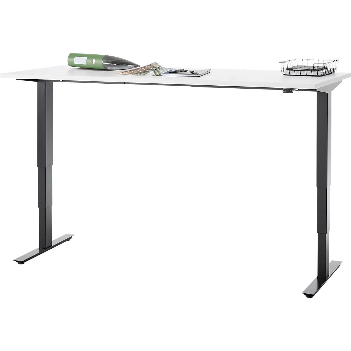 Bureau, elektrisch in hoogte verstelbaar, T-poot zonder dwarsbalk, B 1800 x D 800 x H 605-1265 mm, wit/zwart