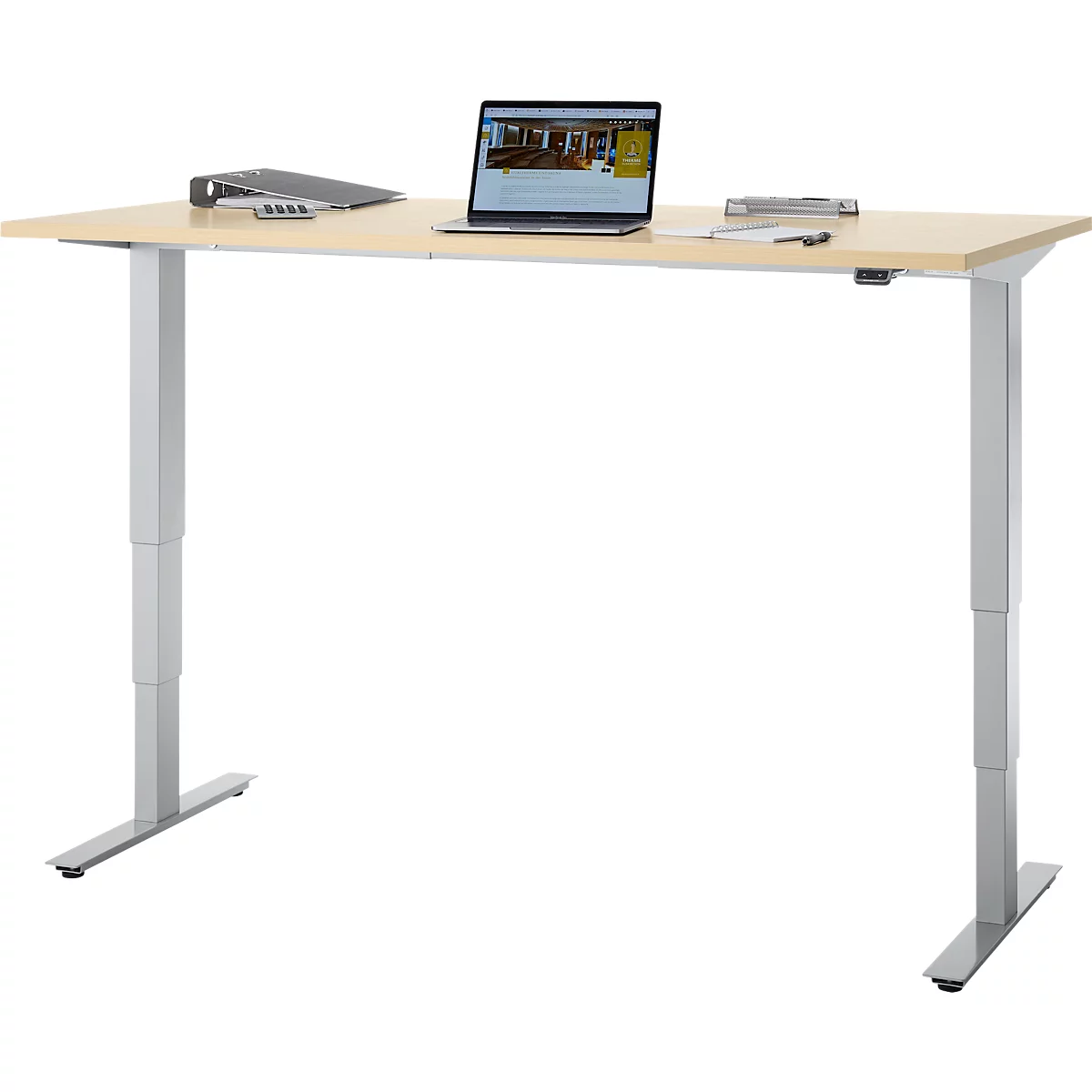 Bureau, elektrisch in hoogte verstelbaar, T-poot zonder traverse, B 1600 x D 800 x H 605-1265 mm, ahorn/zilver