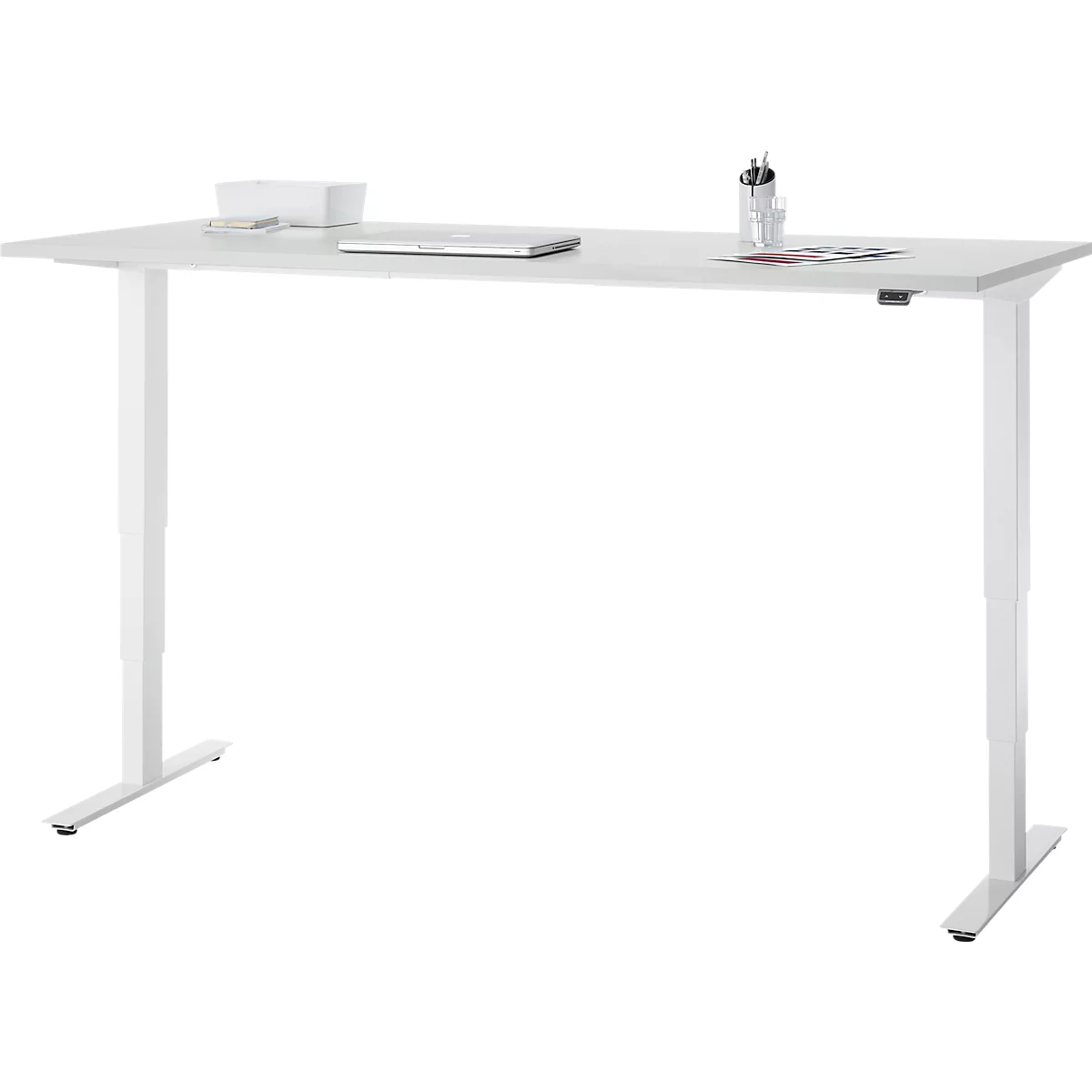 Bureau, elektrisch in hoogte verstelbaar, T-poot zonder traverse, B 1800 x D 800 x H 605-1265 mm, lichtgrijs/wit