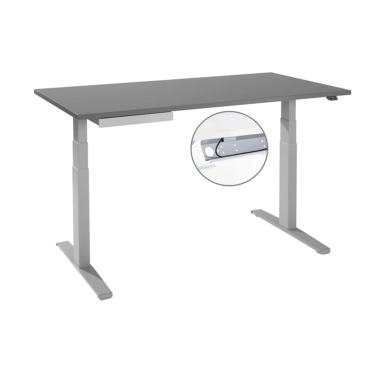 Bureau, elektrisch in hoogte verstelbaar, T-voet, B 1600 x D 800 x H 645-1290 mm, alu grafiet/wit + kabelgoot, accessoirelade