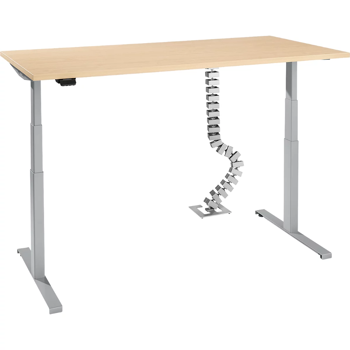 Bureau, elektrisch in hoogte verstelbaar, T-voet, H 620-1270 mm, ahorn/wit aluminium + memory control en gratis Quadro kabelslang