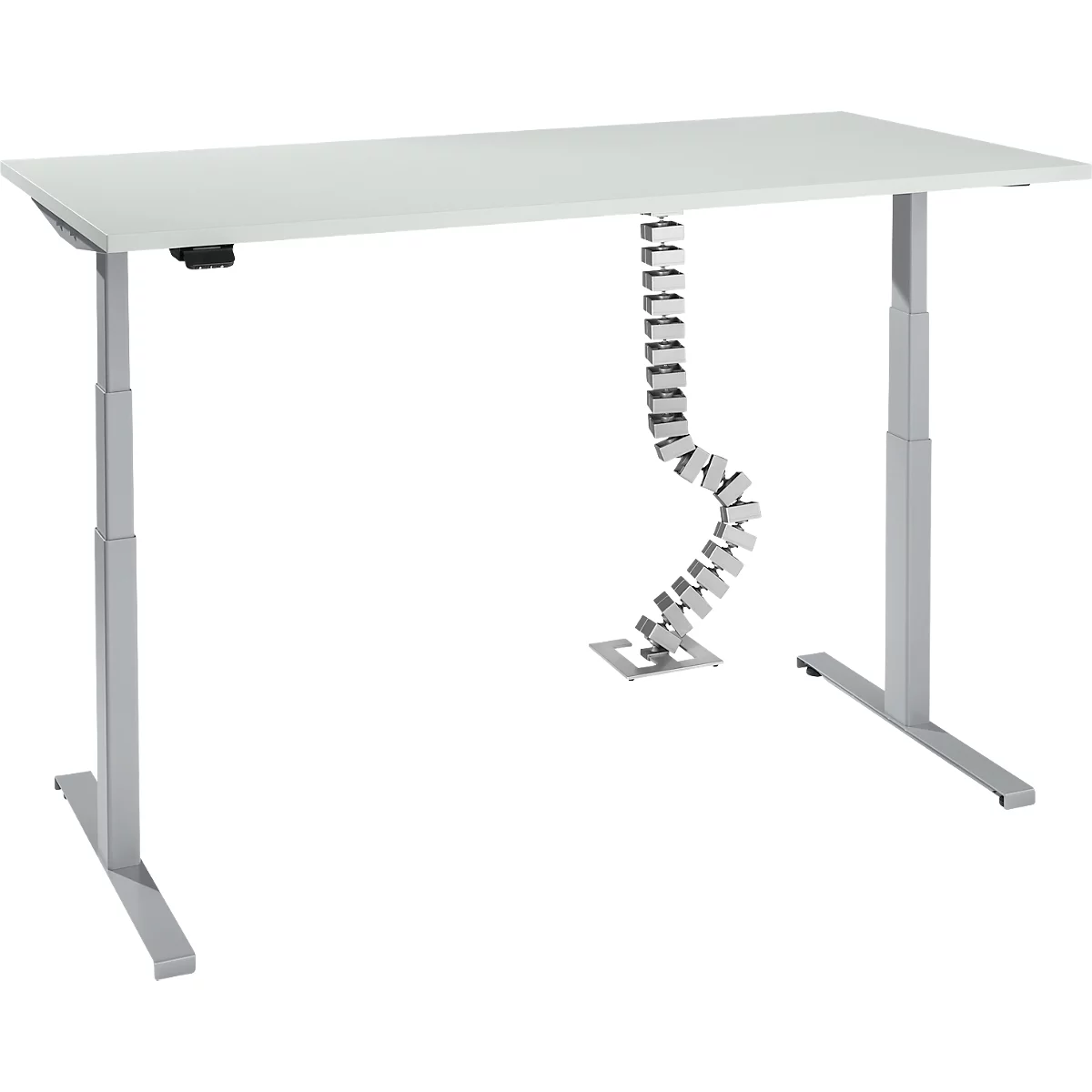 Bureau, elektrisch in hoogte verstelbaar, T-voet, H 620-1270 mm, aluminium lichtgrijs/wit + memory control en gratis Quadro kabelslang