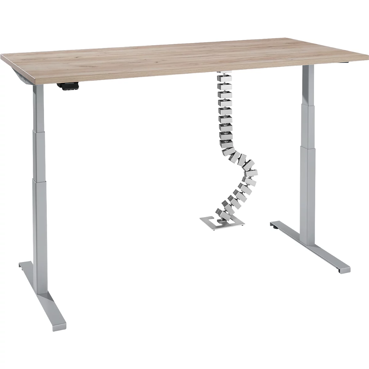 Bureau, elektrisch in hoogte verstelbaar, T-voet, H 620-1270 mm, eiken/wit aluminium + memory control en gratis Quadro kabelslang