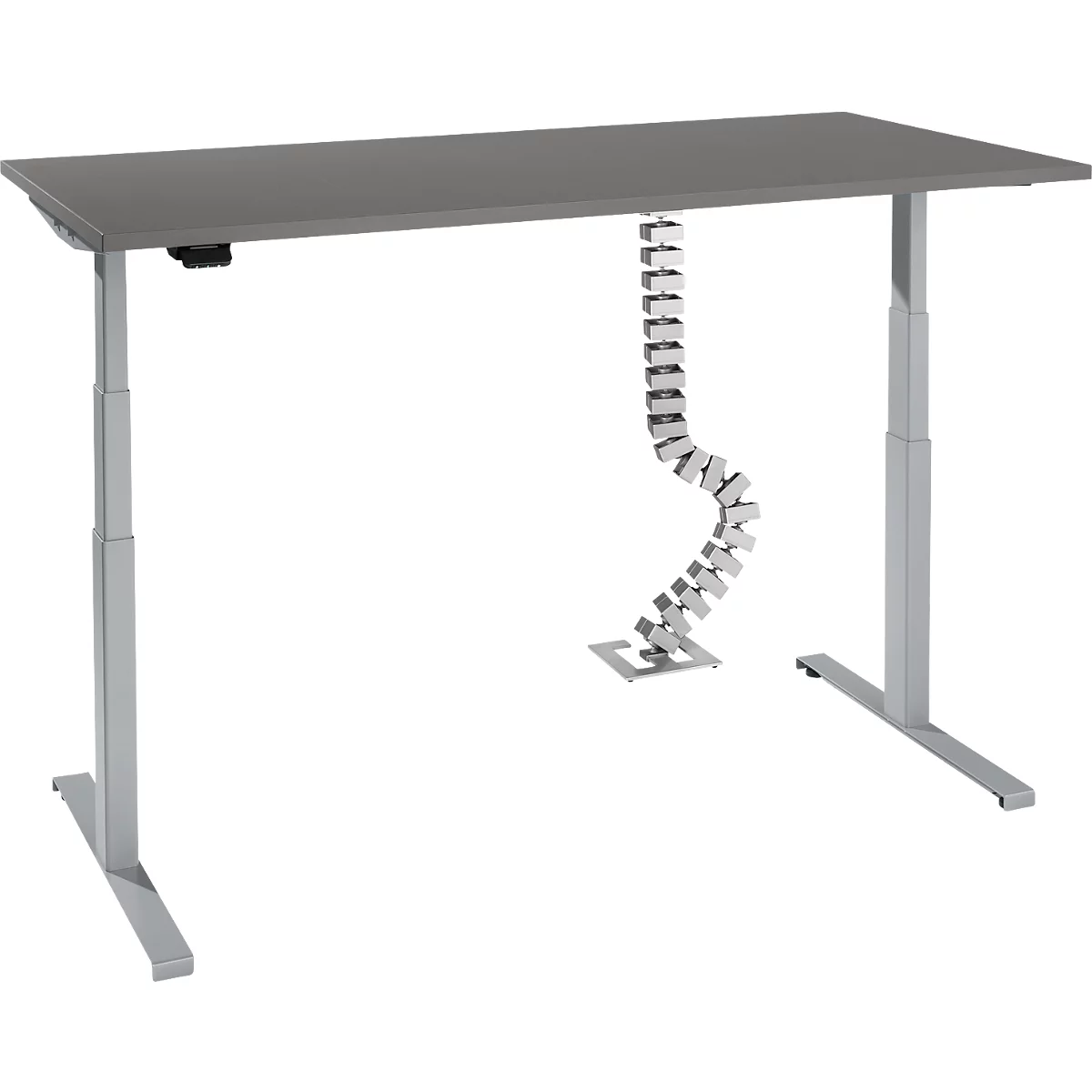 Bureau, elektrisch in hoogte verstelbaar, T-voet, H 620-1270 mm, grafiet/wit aluminium + memory control en gratis Quadro kabelslang