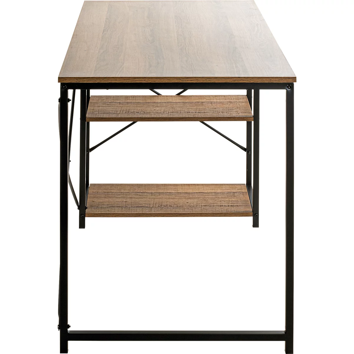 Bureau avec plateau en bois et cadre métallique, deux étagères en dessous.