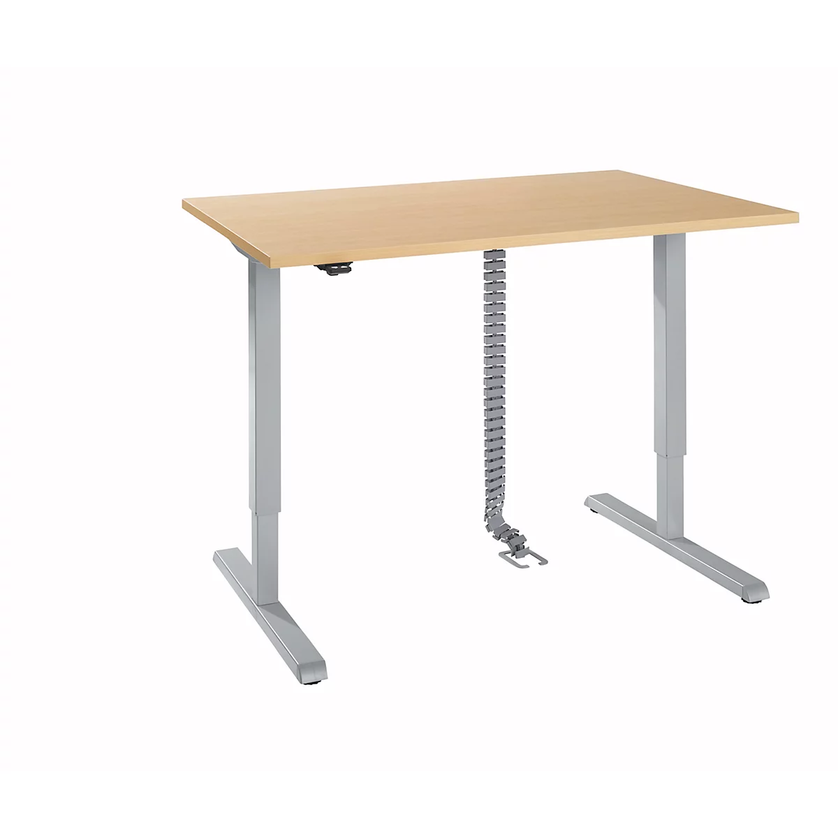 Bureau, hauteur réglable électriquement, avec chaîne et passage de câbles, rectangulaire, pied en T, L 1200 x P 800 x H 715-1205 mm, érable/aluminium blanc