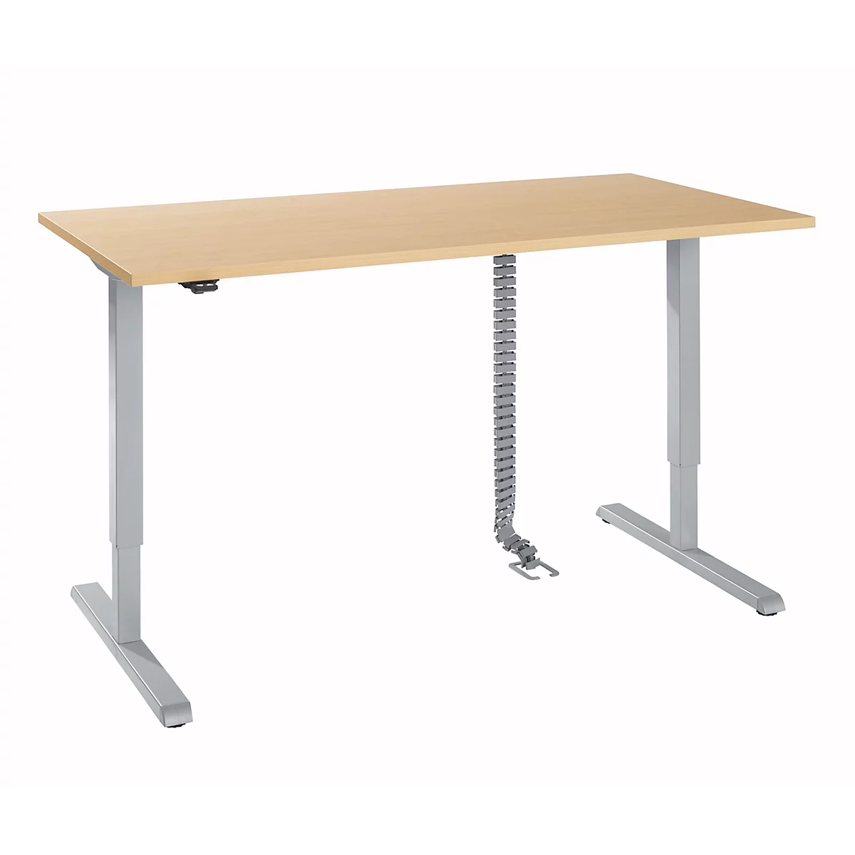Bureau, hauteur réglable électriquement, avec chaîne et passage de câbles, rectangulaire, pied en T, L 1600 x P 800 x H 715-1205 mm, érable/aluminium blanc