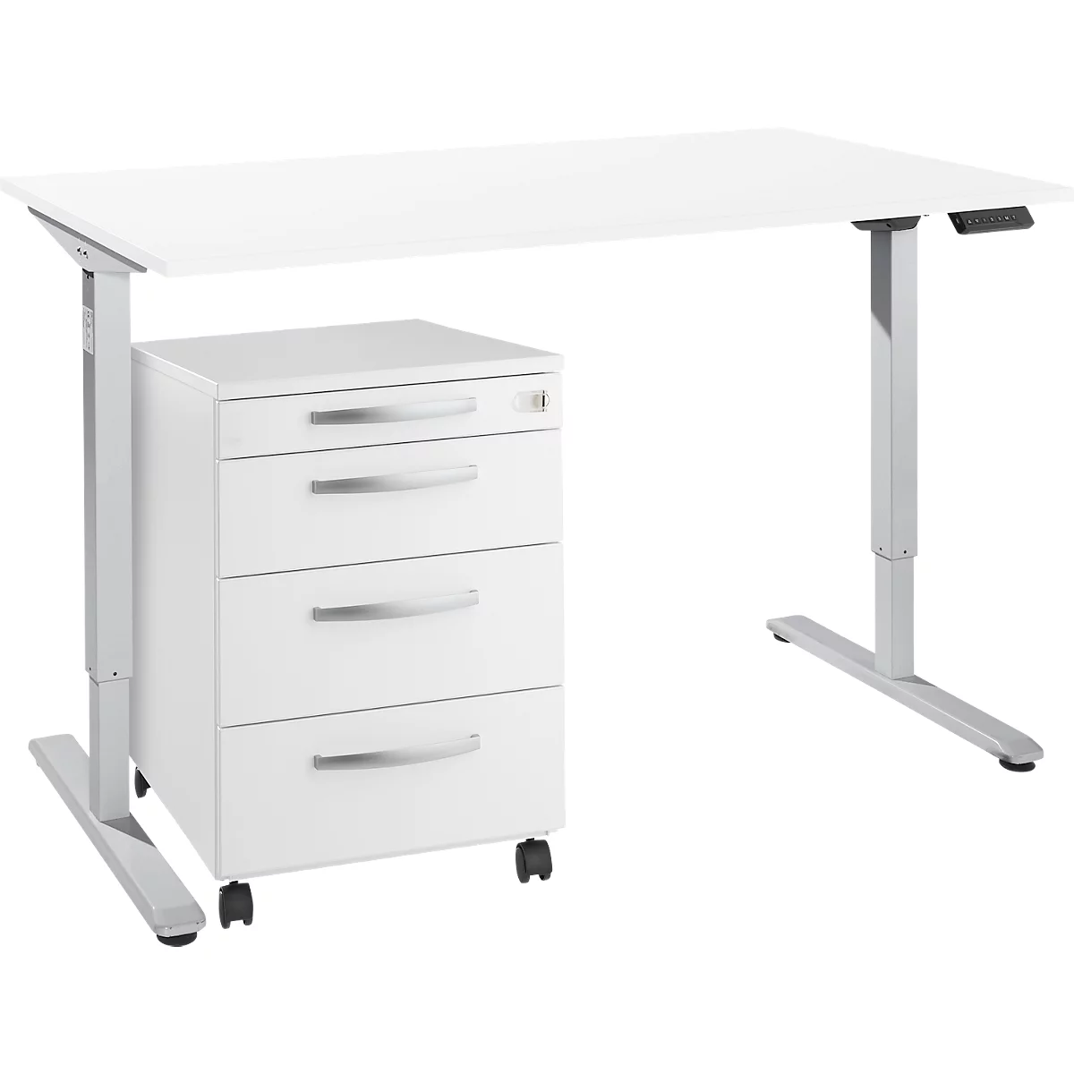 Bureau hauteur réglable électriquement - l. 1600 x H 755-1255 mm - piétement en T alu blanc - avec panneau de commande à mémoire - passage pour câbles - avec caisson mobile - blanc