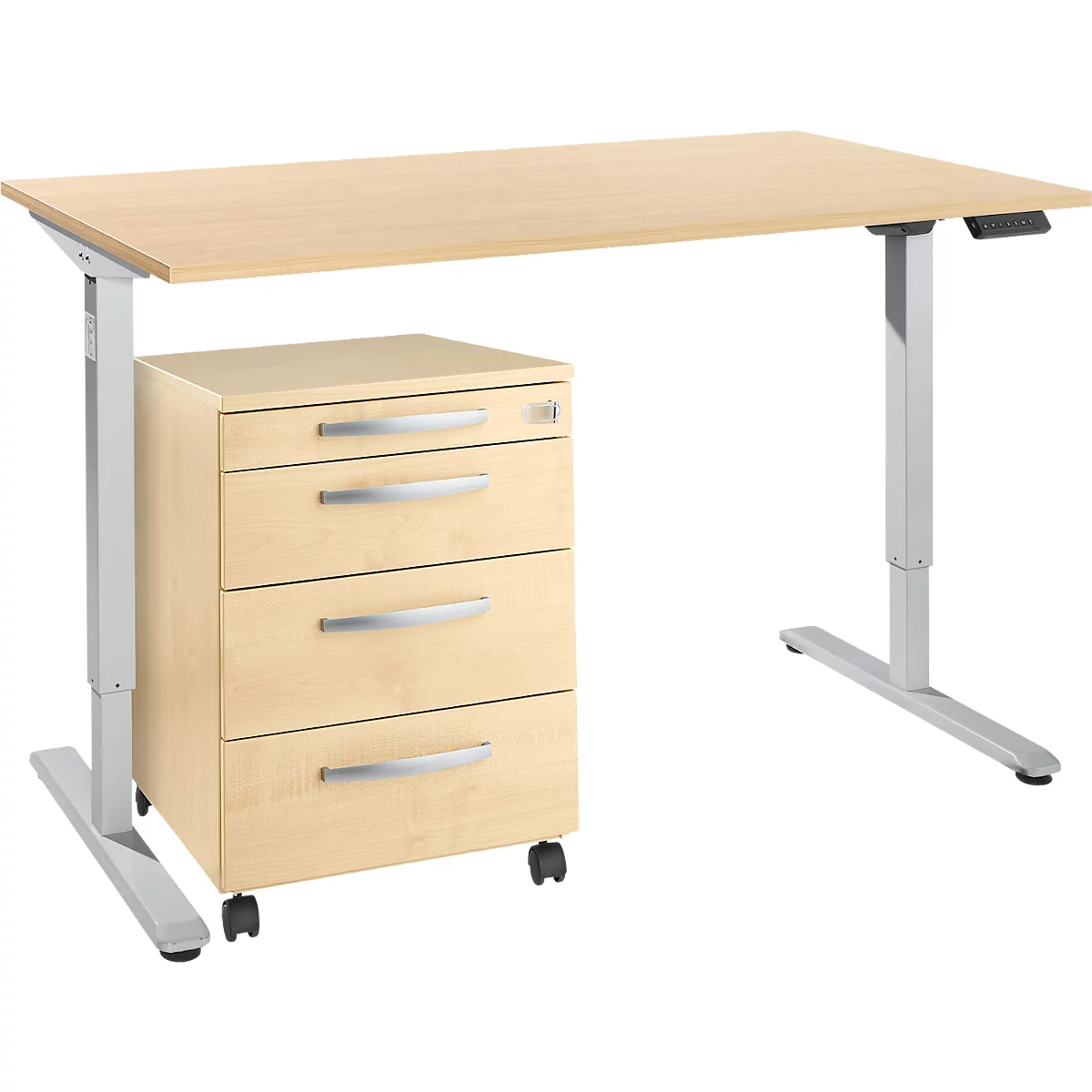 Bureau hauteur réglable électriquement - l. 1600 x H 755-1255 mm - piétement en T alu blanc - avec panneau de commande à mémoire - passage pour câbles - avec caisson mobile - érable