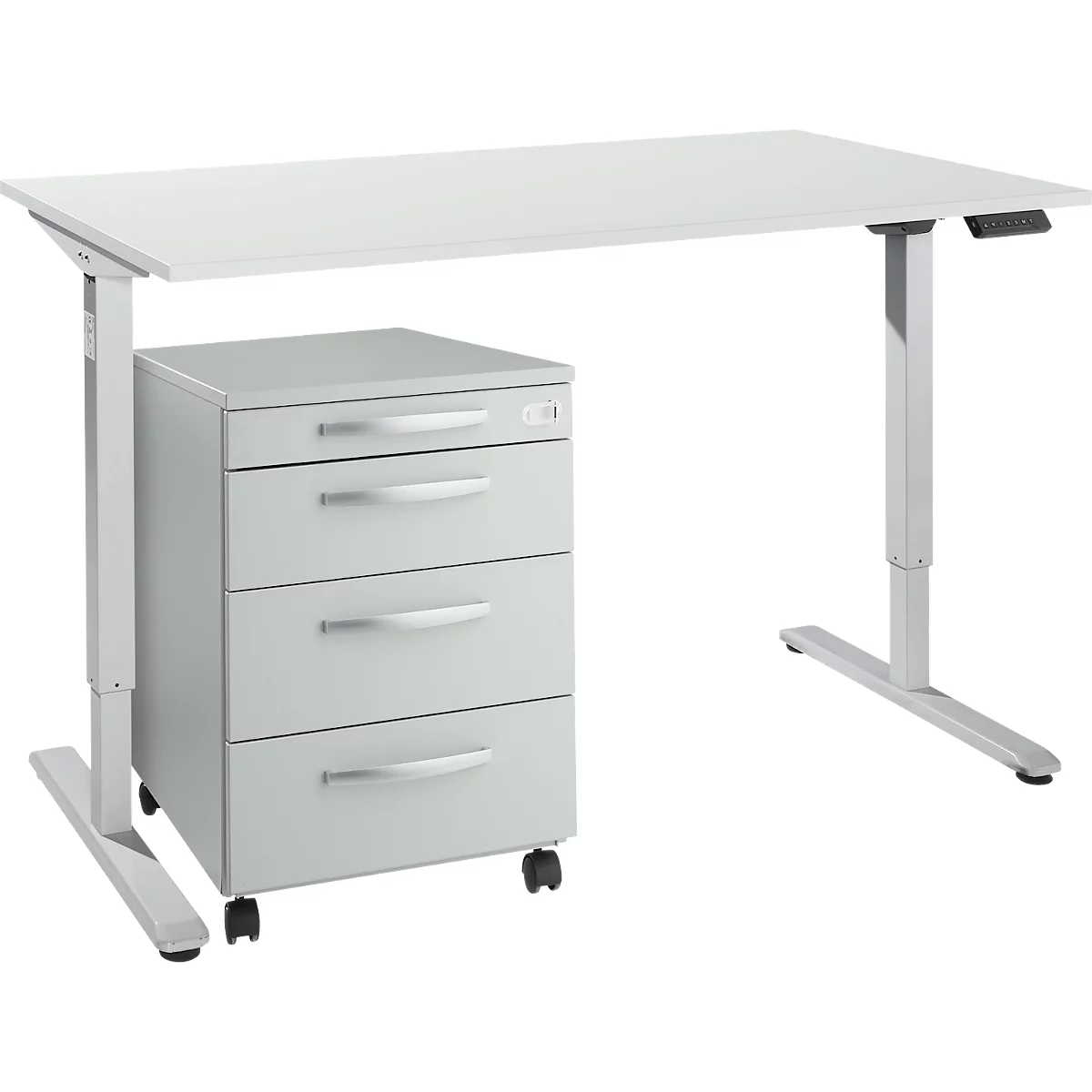 Bureau hauteur réglable électriquement - l. 1600 x H 755-1255 mm - piétement en T alu blanc - avec panneau de commande à mémoire - passage pour câbles - avec caisson mobile - gris