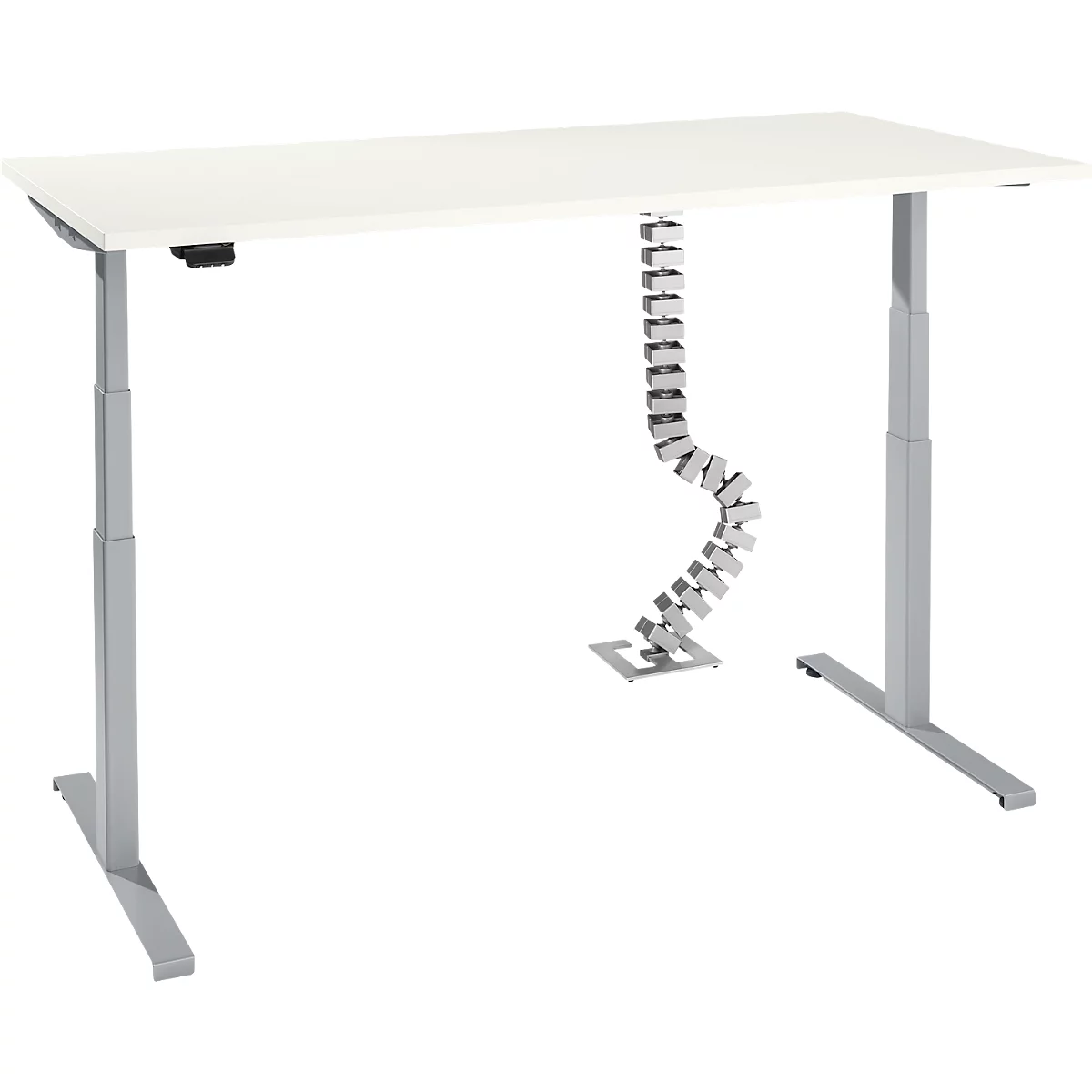 Bureau, hauteur réglable électriquement, piétement en T, H 620-1270 mm, blanc/blanc aluminium + commande à mémoire et serre-câble Quadro gratuit