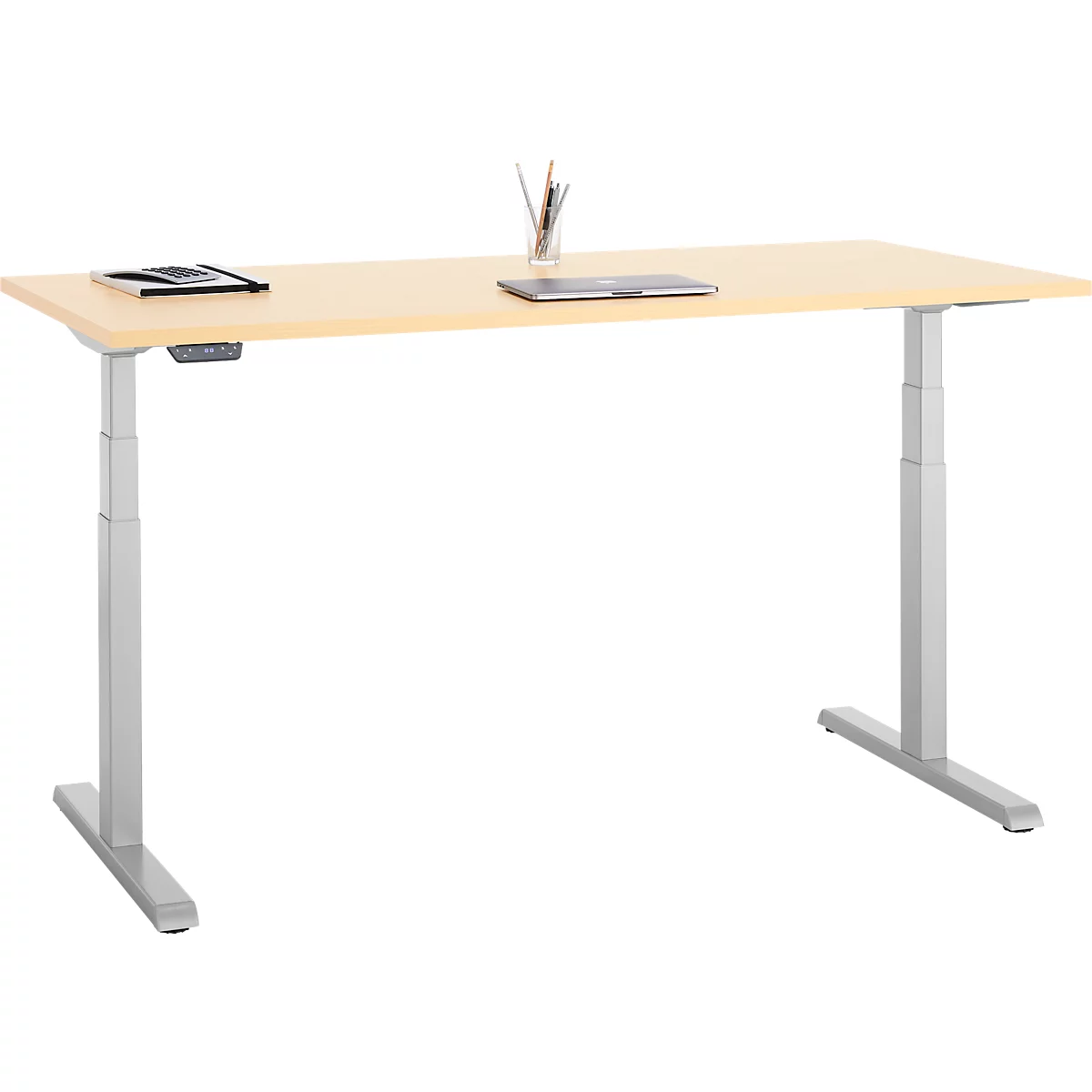 Bureau, hauteur réglable électriquement, piétement en T, L 1600 x P 800 x H 615-1275 mm, érable/alu blanc