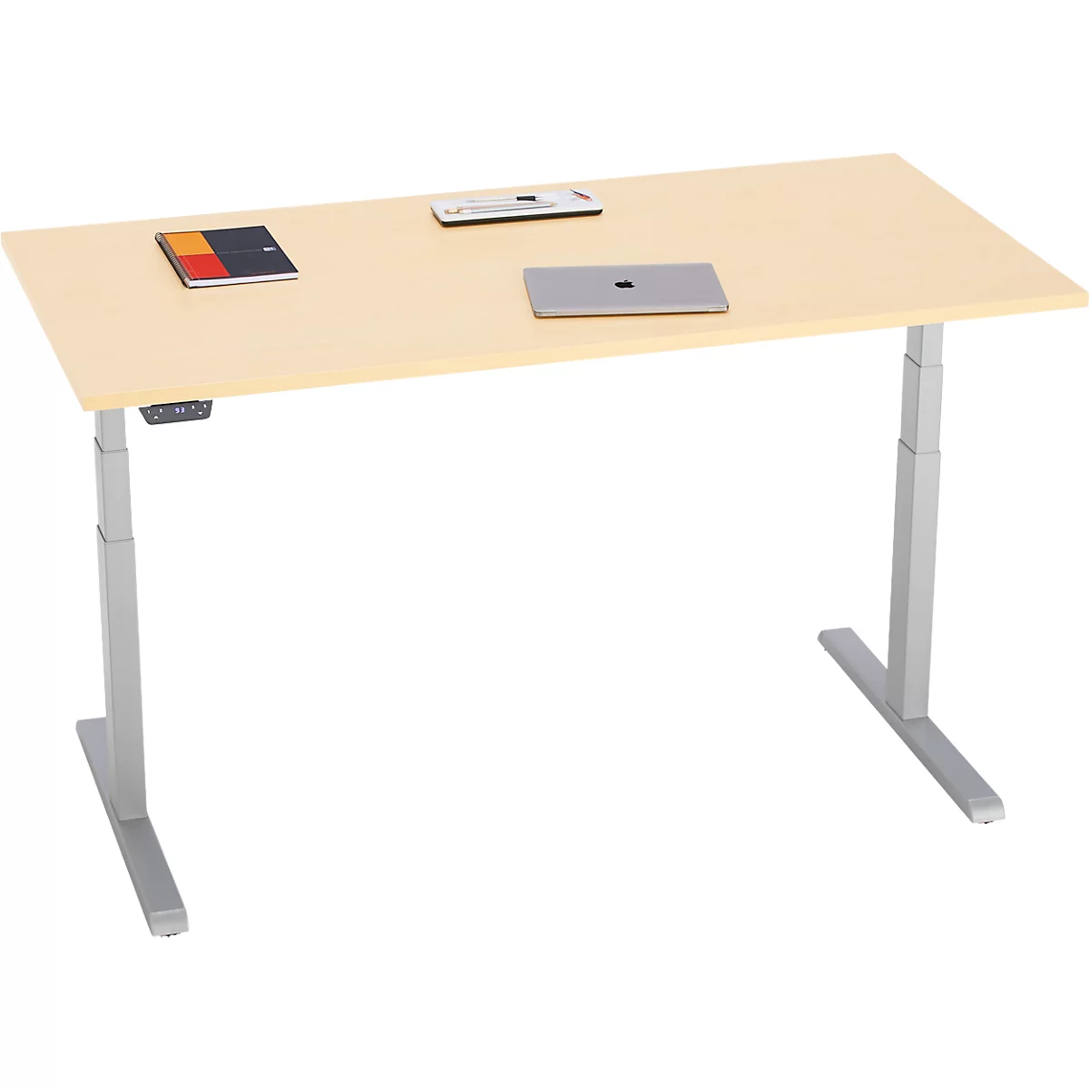 Bureau, hauteur réglable électriquement, piétement en T, L 1600 x P 800 x H 615-1275 mm, érable/alu blanc