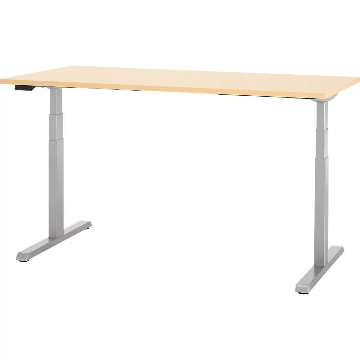 Bureau, hauteur réglable électriquement, piétement en T, L 1600 x P 800 x H 615-1275 mm, érable/alu blanc