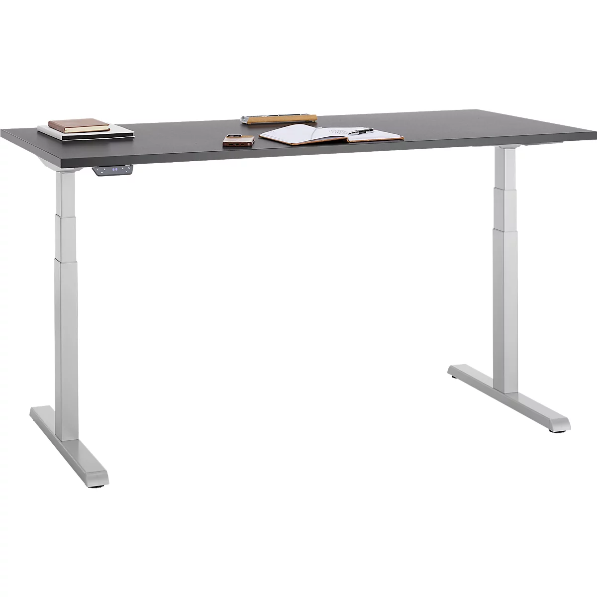 Bureau, hauteur réglable électriquement, piétement en T, L 1600 x P 800 x H 615-1275 mm, graphite/alu blanc