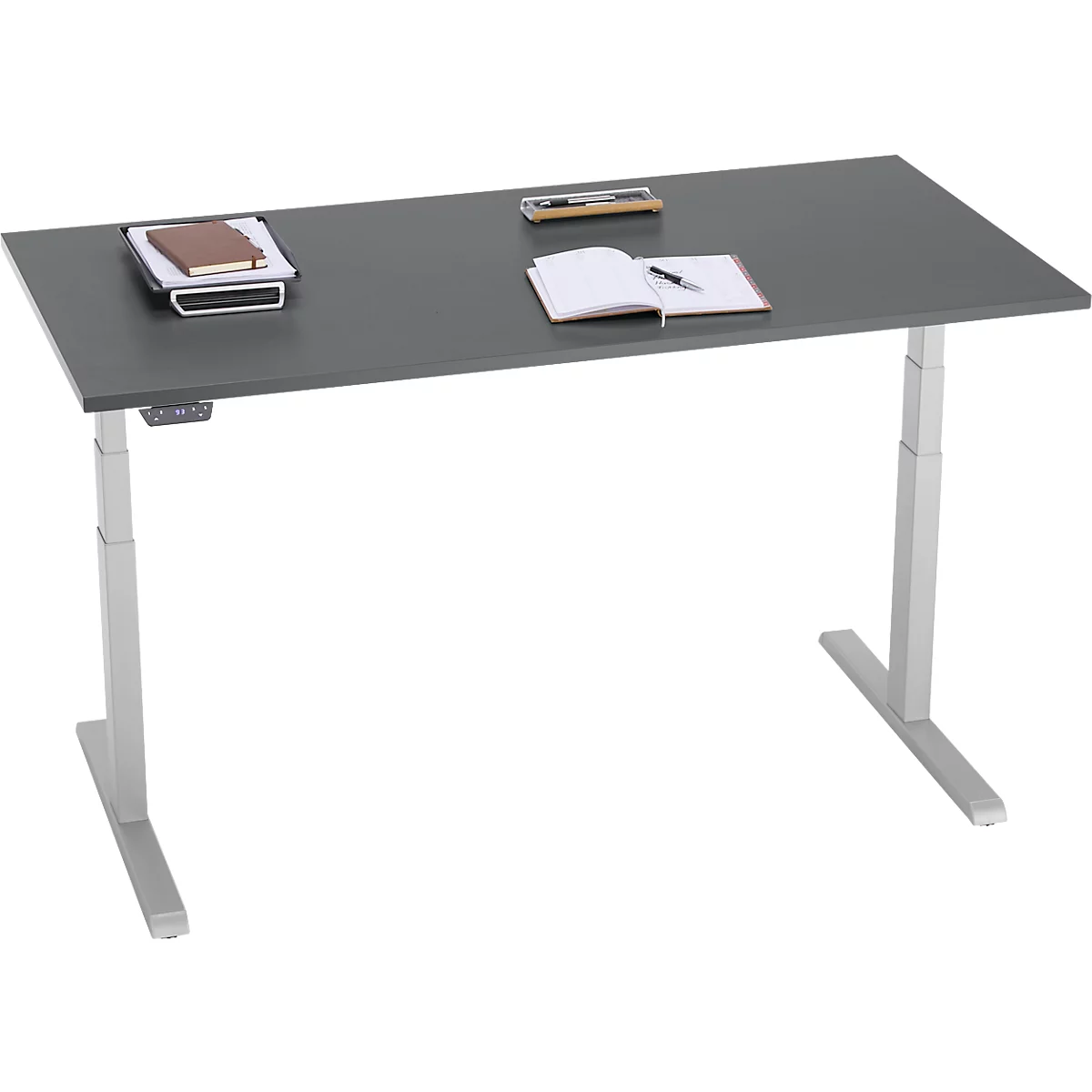 Bureau, hauteur réglable électriquement, piétement en T, L 1600 x P 800 x H 615-1275 mm, graphite/alu blanc