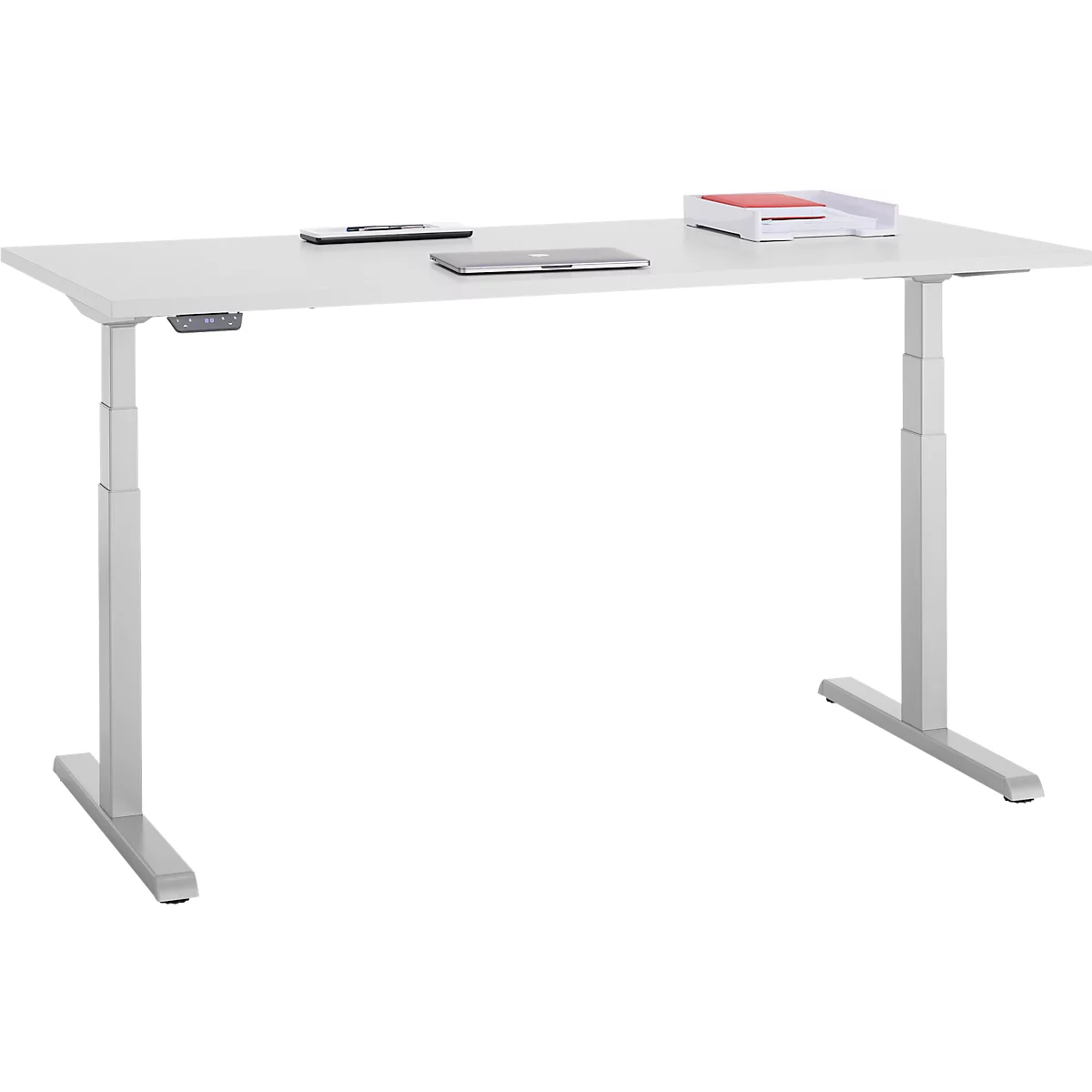 Bureau, hauteur réglable électriquement, piétement en T, L 1600 x P 800 x H 615-1275 mm, gris clair/alu blanc