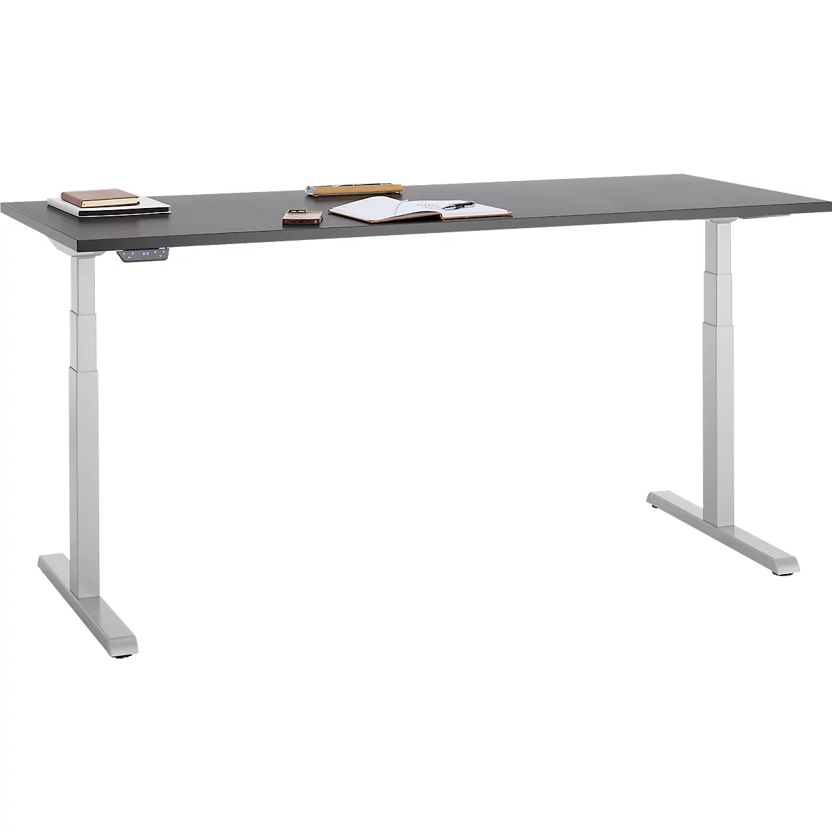 Bureau, hauteur réglable électriquement, piétement en T, L 1800 x P 800 x H 615-1275 mm, graphite/alu blanc