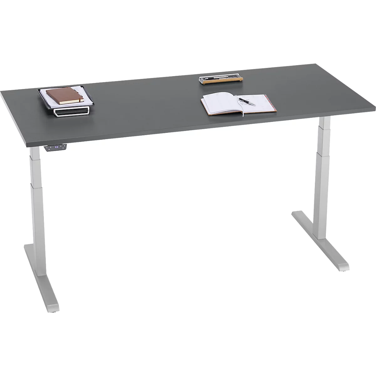 Bureau, hauteur réglable électriquement, piétement en T, L 1800 x P 800 x H 615-1275 mm, graphite/alu blanc
