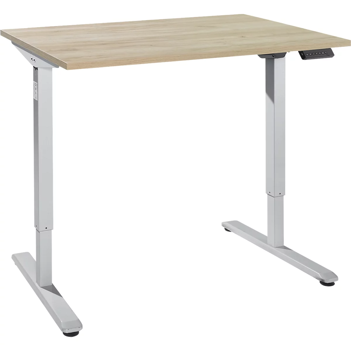 Bureau, hauteur réglable électriquement, rectangulaire, piétement en T, L 1200 x P 800 x H 755-1255 mm, chêne sauvage/alu blanc + panneau de commande à mémoire, passage de câbles
