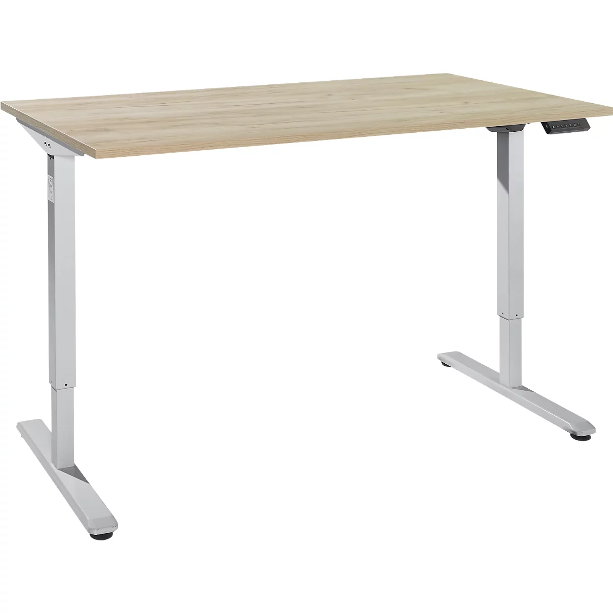 Bureau, hauteur réglable électriquement, rectangulaire, piétement en T, L 1600 x P 800 x H 755-1255 mm, chêne sauvage/alu blanc + panneau de commande à mémoire, passage de câbles