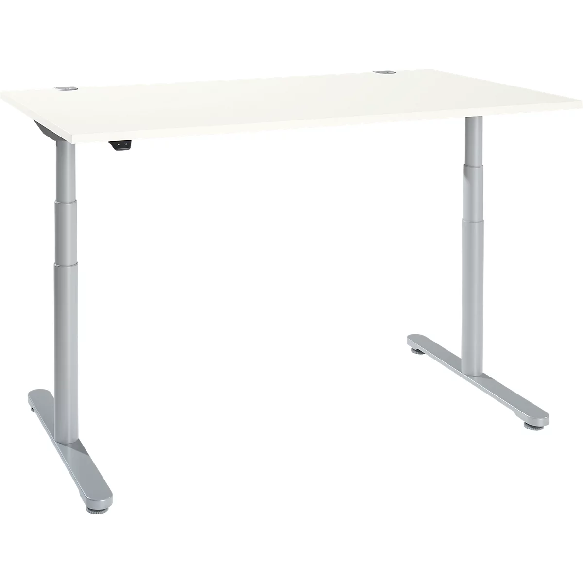 Bureau, hauteur réglable électriquement sur deux niveaux, piétement en T en tube rond, L 1600 x P 800 x H 634-1294 mm, blanc/aluminium blanc