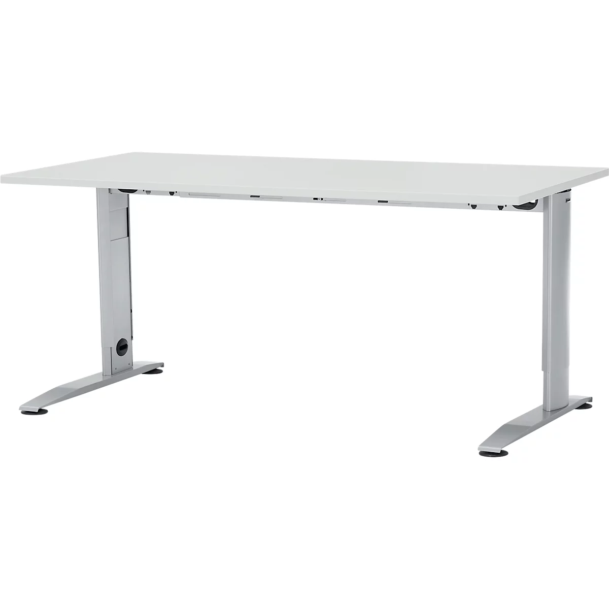 Bureau blanc réglable en hauteur, pieds gris, plateau rectangulaire, design minimaliste.
